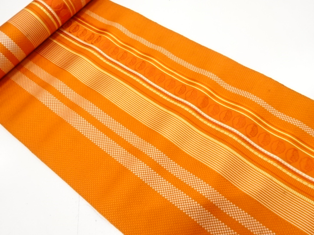 アンティーク　本場筑前博多　縞に幾何学模様織り出し　名古屋帯地反物